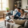 Couple reviewing FHA loan details together in a warm living room