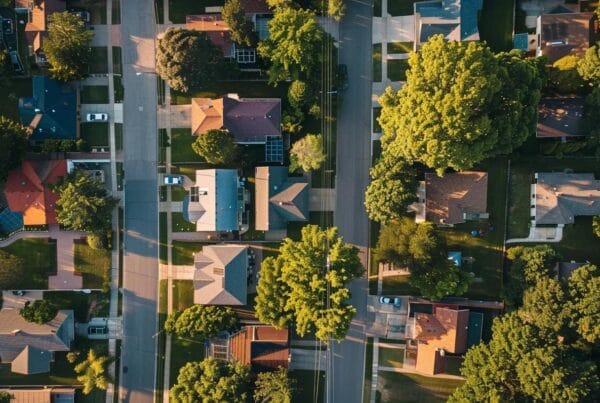 top view of homes with streets and trees no text no lettering