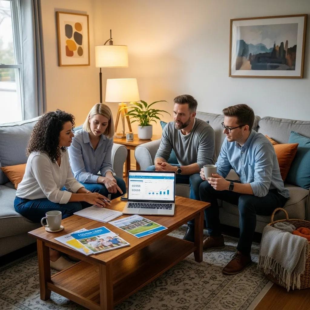 Young couple reviewing their credit scores at a kitchen table while preparing to buy a home