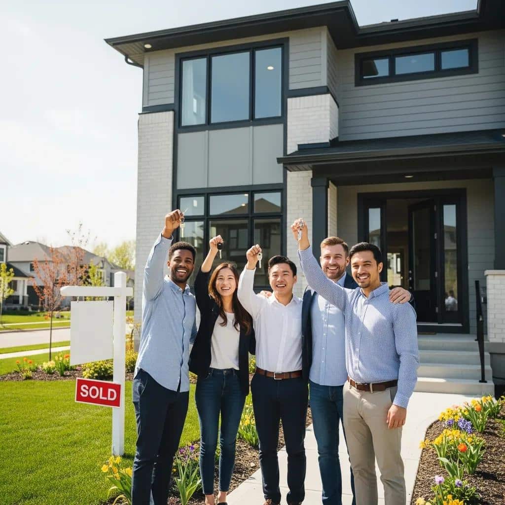 Smiling first-time homebuyers holding keys outside their new house