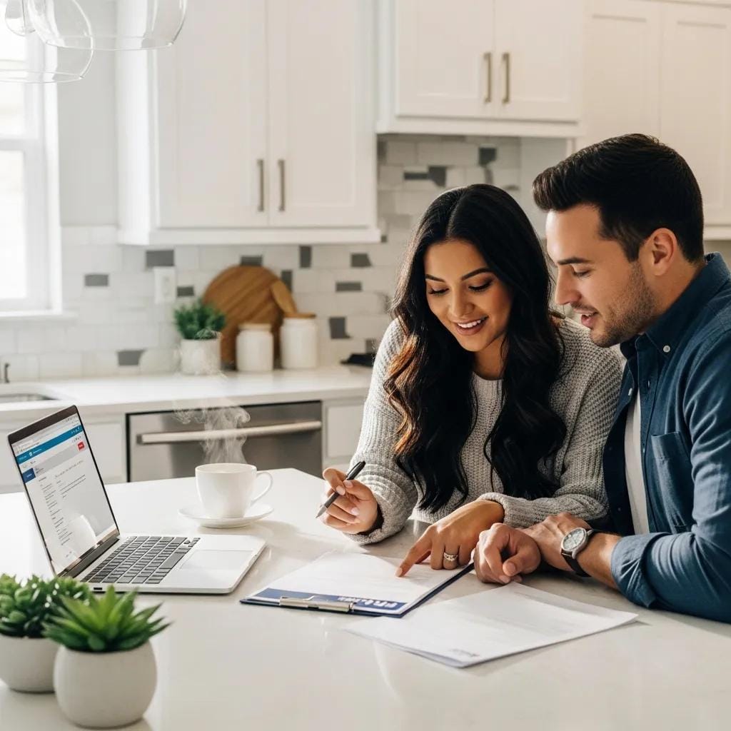 Young couple reviewing FHA mortgage paperwork in a kitchen