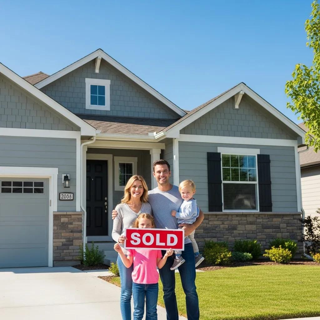 Family smiling outside their new Fort Collins home after closing