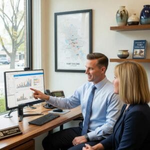 Mortgage broker in a Fort Collins office explaining loan choices to a client