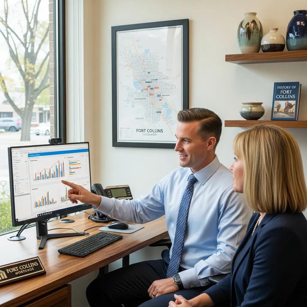 Mortgage broker in a Fort Collins office explaining loan choices to a client
